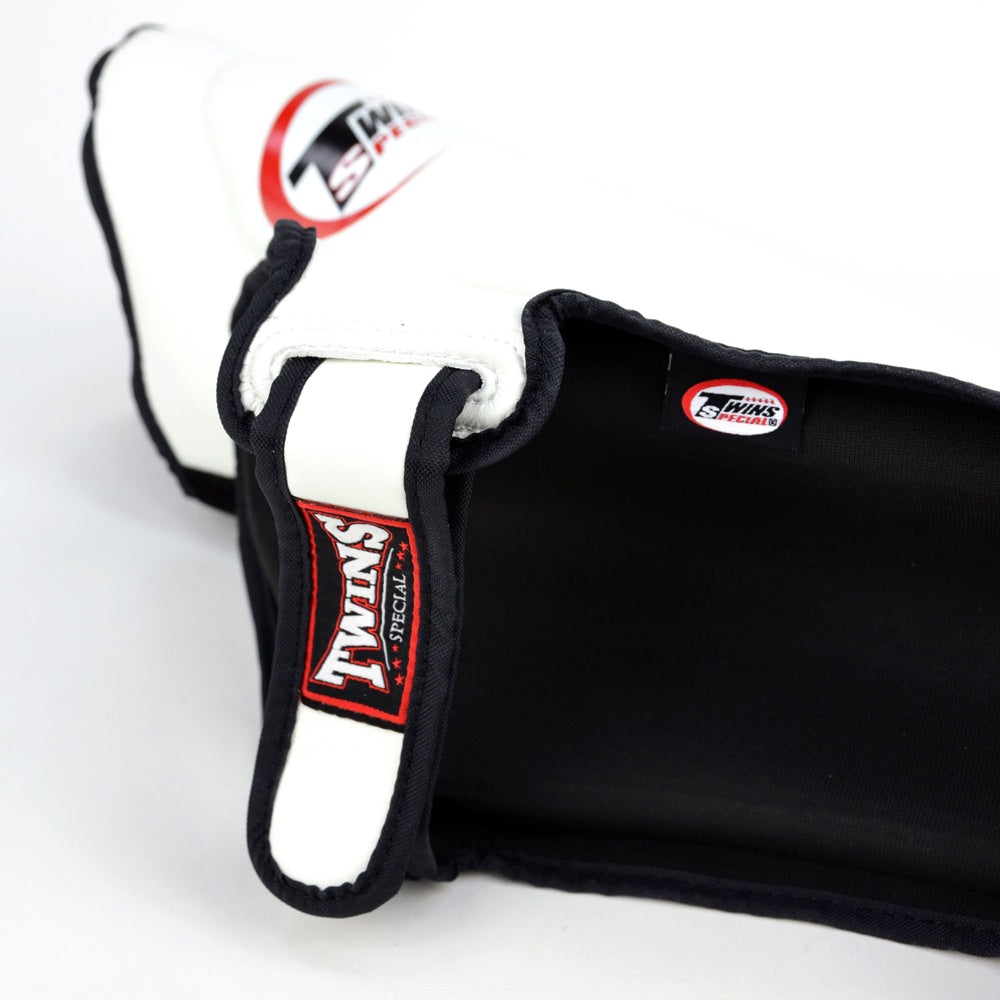 Twins Double Padded Shin Guards - White (Black Piping)-Twins